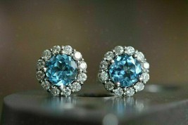 2.00CT Round Blue Diamond Halo Stud Earrings Screw Back 14K White Gold FN Silver - £73.66 GBP