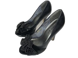 Madden Girl Lookah Black Heels Size 7 Peep Toe Shoes Studded Bows Stilettos - £15.42 GBP