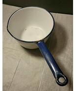 VINTAGE ENAMELWARE WHITE PAN WITH SPOUT, BLACK TRIM &amp; HANDLE - $18.50