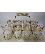  Vintage Cocktail Glasses Set of Eight With Caddy MCM Gold Trim White As... - $59.00