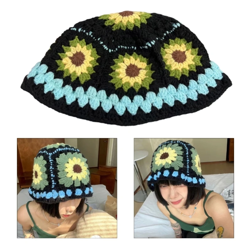 Sweet Girl Crochet Bucket Hat  Ladies Fisherman Cap with Flower Pattern Woman - £11.51 GBP+