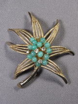 Vintage Pin-Brooch Spider Like Yellow Gold Plated Green Beads Rhinestones 2.5&quot;. - £16.56 GBP