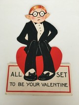 Vintage Valentine Card All Set To Be Your Valentine Tuxedo Nervous Boy Big Ears - £6.28 GBP