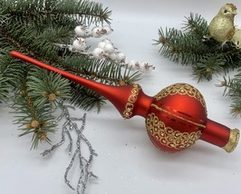 Red Christmas glass tree topper with gold glitter, Christmas finial - £14.65 GBP