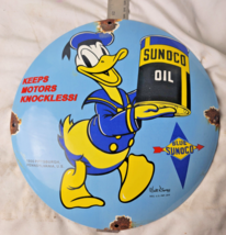Vintage Disney Sunoco Donald Duck Porcelain Sign Pump Plate Gas Station Oil - £59.49 GBP