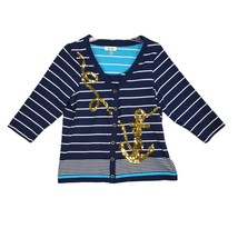 Onque Petite Women&#39;s L Navy Striped Gold Sequin Anchor V-Neck Cardigan N... - $23.22