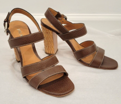 PRADA Brown Textured Leather Sandals with Chunky &quot;Wicker&quot; Heel - Size 37.5 - $150.00