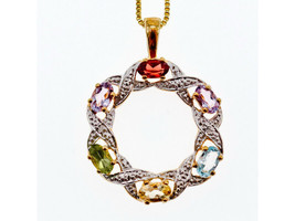 925 Sterling Silver Gold Plated Multi Gemstones &quot;Spring&quot; Chain With Pendant - $133.65