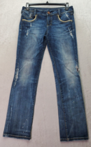 VIGOSS Jeans Womens Size 9/10 Blue Denim Splatter Distressed Cotton Straight Leg - £21.77 GBP