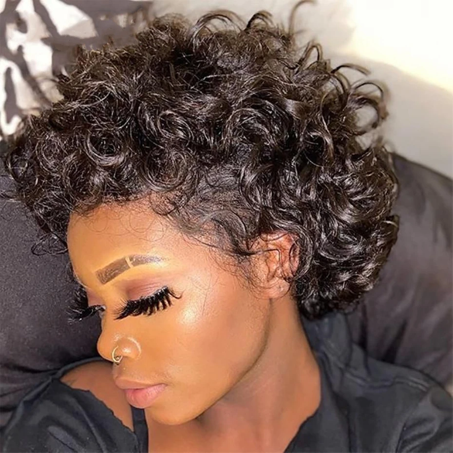 Short Bob Natural Pixie Cut Wigs Loose Wave Curly Human Hair Wigs Brazili - $45.36