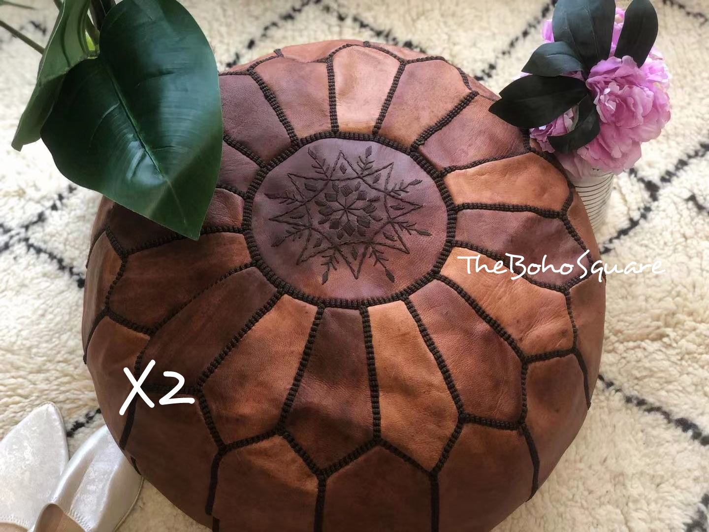 Primary image for Set Of 2 Handmade & Hand-Stitched Moroccan Pouf, Genuine Leather, Natural Tan 