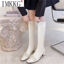 Autumn winter 2021 new pu boots women s pearl chain pointed toe knee high heel thick thumb200