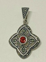 Sterling Silver 925 Ruby ? &amp; Marcasite Pendant Fine Jewelry Diamond shape - £20.30 GBP