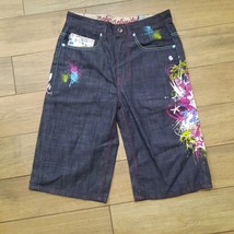 Ecko Unltd Jeans Shorts Men&#39;s 30 denim Embroidered Baggy Fit neon paint splatter - £36.18 GBP