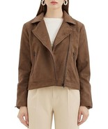 Notch Collar Casual Cropped Jacket Faux Suede Long Sleeve Zip Up Moto Bi... - $34.64