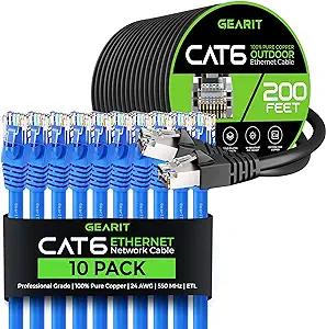GearIT 10Pack 14ft Cat6 Ethernet Cable &amp; 200ft Cat6 Cable - $217.99