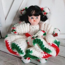 VTG Crochet Doll Plastic Face Pompom White/Red/Green dress Black Hair Bl... - $10.88
