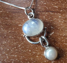Cultured Pearl Moonstone 925 Sterling Silver Necklace Corona Sun Jewelry h105d - £16.62 GBP