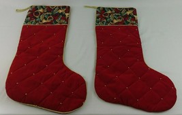 Needlepoint XMAS Stockings 2 Lot Red Gold Velvet Beaded Needlepoint 26&quot; Set - $24.95