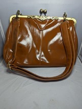 1920 Vintage Bronze Frame KissLock Clasp Bag Purse Faux Cognac Adjustable Strap - £33.74 GBP