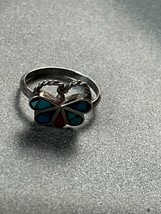 Vintage Thin Silvertone Band w Turquoise &amp; Coral Inlaid Butterfly Southwest Ring - £11.71 GBP