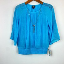 JM Collection Womens Petite PM Blue Crochet Sleeve Necklace Lined Blouse NWT - £17.77 GBP