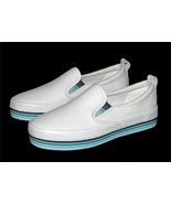 SPERRY Twin Crest White Leather Varied Blue Stripes Slip-on Shoes Wm&#39;s 8... - $82.04 CAD