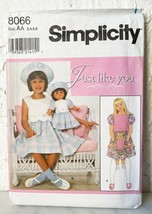 Simplicity Sewing Pattern #8066 Girls Dress Hat + Matching 18&quot; Doll Outfit Uncut - £7.55 GBP