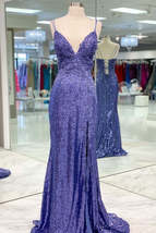 Mermaid Purple Sequins Long Prom Dress with Slit,Navy Blue Evening Party Gowns - £147.52 GBP