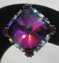 Vtg Volcano Rivoli Stone, Red &amp; AB Rhinestone  Clip On Earrings - £33.63 GBP