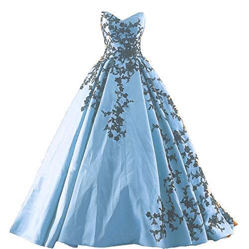 Beaded Gothic Black Lace Long Ball Gown Satin Prom Evening Dress Sky Blue US 8