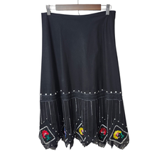 Basil Maude Black Beaded Embroidered Floral Lace Trim Midi Skirt 8 Belted - $28.75