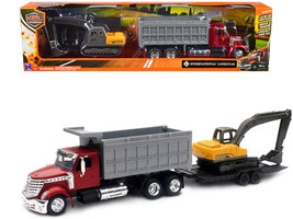 International Lonestar Dump Truck Red and Tracked Excavator Yellow with Flatbed  - £38.42 GBP