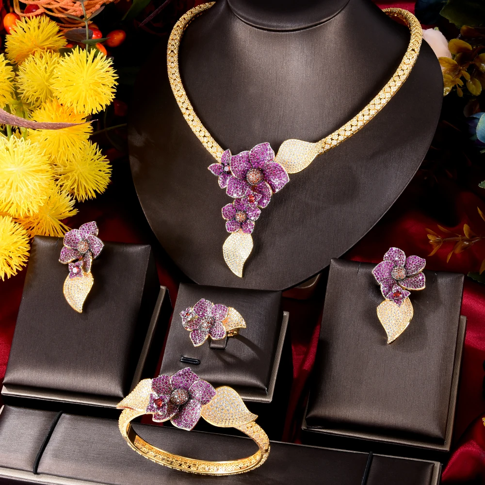 Luxury Ruby Flower African Jewelry Sets For Women Wedding Full Micro Cubic Zirco - £218.77 GBP