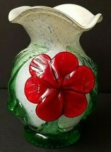 Italian Art Glass Vase W/Fluted Top and Red Flower With Leaves 6&quot; Tall - £33.07 GBP