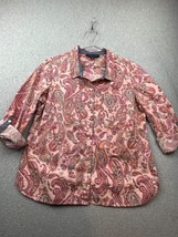 Tommy Hilfiger Paisley Button Up Women Size Xl Pink Office Casual Roll Tab - $36.52