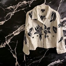 Alex Kim Floral Embroidered Black White Jacket Size M Cotton/Spandex Floral Leav - £19.97 GBP