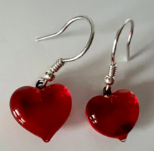 Murano Glass, Handcrafted Unique Jewelry, 925 Sterling Silver Red Heart Earrings - £21.86 GBP