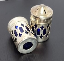 Cobalt Blue Glass Silver Plated Small Salt and Pepper Shakers 2&quot; Set Vintage - £27.37 GBP