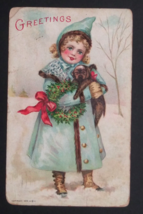 Christmas Greetings Girl in Blue Holding Puppy &amp; Wreath Textured Postcard 1909 - £7.98 GBP