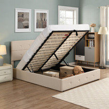 Upholstered Platform Bed with Underneath Storage,Queen Size,Beige - $316.16