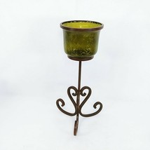 Candle Holder Heavy Scroll Steel Stand Green Crackle Glass Wind Shade 17&quot; - £34.24 GBP