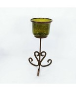 Candle Holder Heavy Scroll Steel Stand Green Crackle Glass Wind Shade 17&quot; - £34.68 GBP
