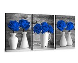 Wall Art Canvas Blue RosPainting Flower Wall Art Pictures 15X24  3 Pc se... - $36.47