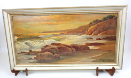 Vintage Robert Wood Framed SUNSET SHORE Canvas 27x14&quot; Print Reproduced Painting - £110.99 GBP