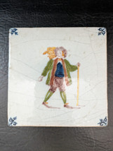 Antique Dutch Polychrome Tile Man Walking Stick Hat Backpack Crazed - £57.31 GBP