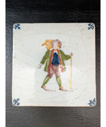 Antique Dutch Polychrome Tile Man Walking Stick Hat Backpack Crazed - $74.24