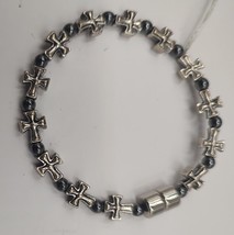 Silver Tone Cross Black Bead Bracelet - £4.75 GBP