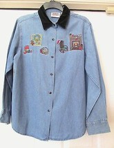 Bill Blass Denim Shirt L/S Faux Suede Collar Xmas Holiday Embroidery Ps Vtg - £16.93 GBP