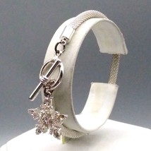 Silver Tone Mesh Bracelet, Snake Chain with Sparkling Crystal Snowflake Charm - £25.51 GBP